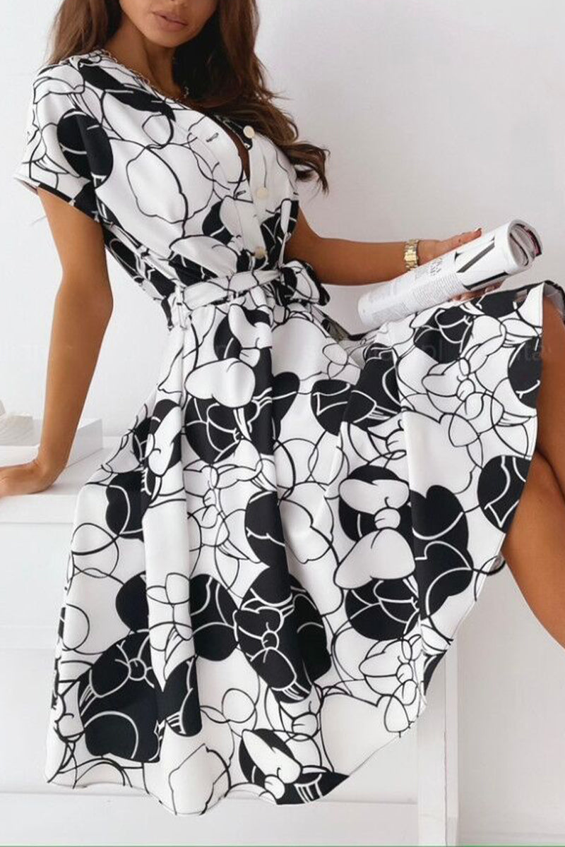 Kaynafashions - Celebrities Elegant Print Patchwork V Neck Shirt Dress Dresses