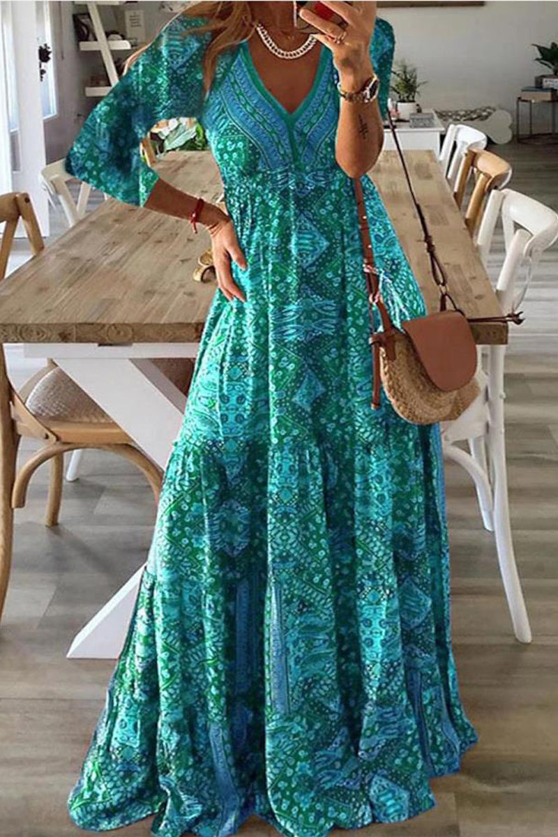 Kaynafashions - Elegant College Geometric Printing V Neck Long Sleeve Dresses