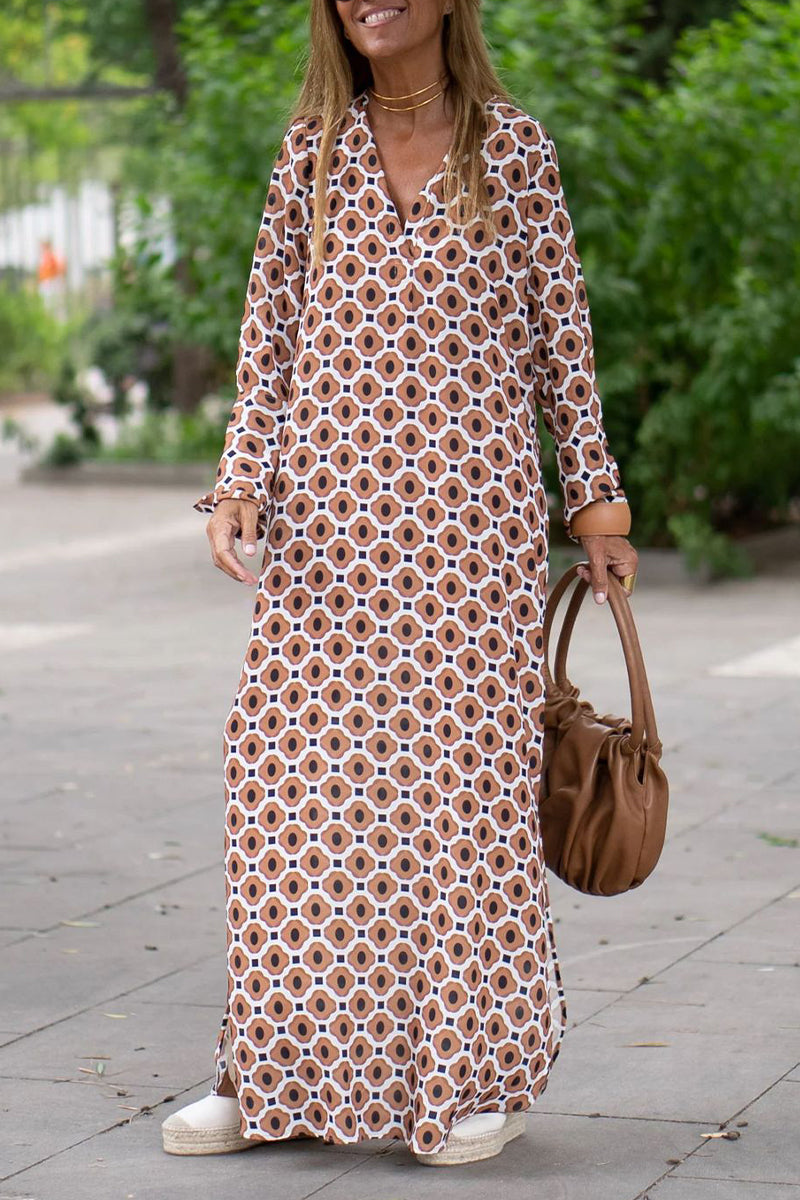 Kaynafashions - Casual Geometric Print Patchwork V Neck Printed Dress Dresses