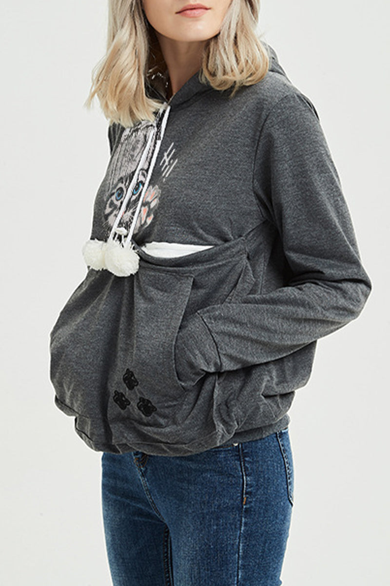 Kaynafashions - Casual Print Pocket Hooded Collar Tops