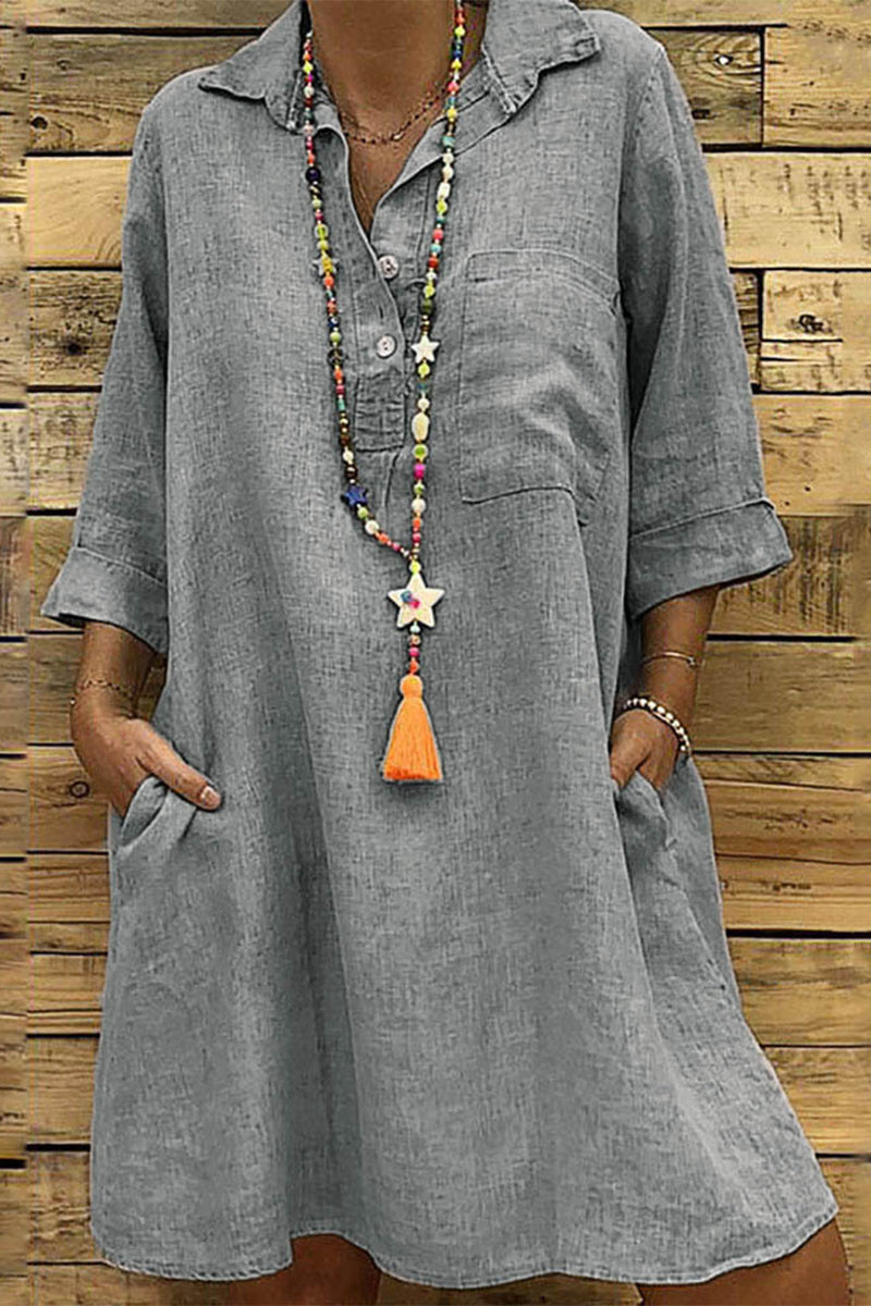 Kaynafashions - Casual Solid Buckle Turndown Collar One Step Skirt Dresses(5 Colors)