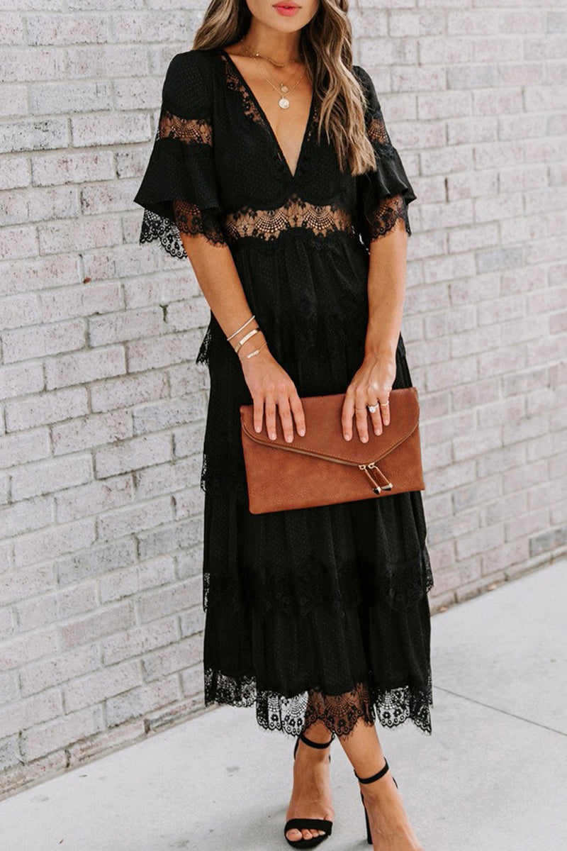 Kaynafashions - Elegant Solid Lace V Neck Cake Skirt Dresses(3 Colors)