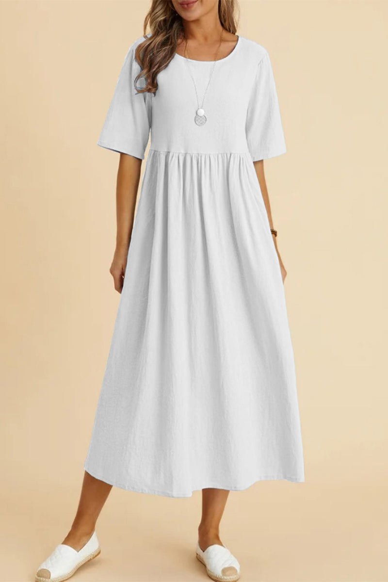 Kaynafashions - Casual Solid Fold O Neck Short Sleeve Dress