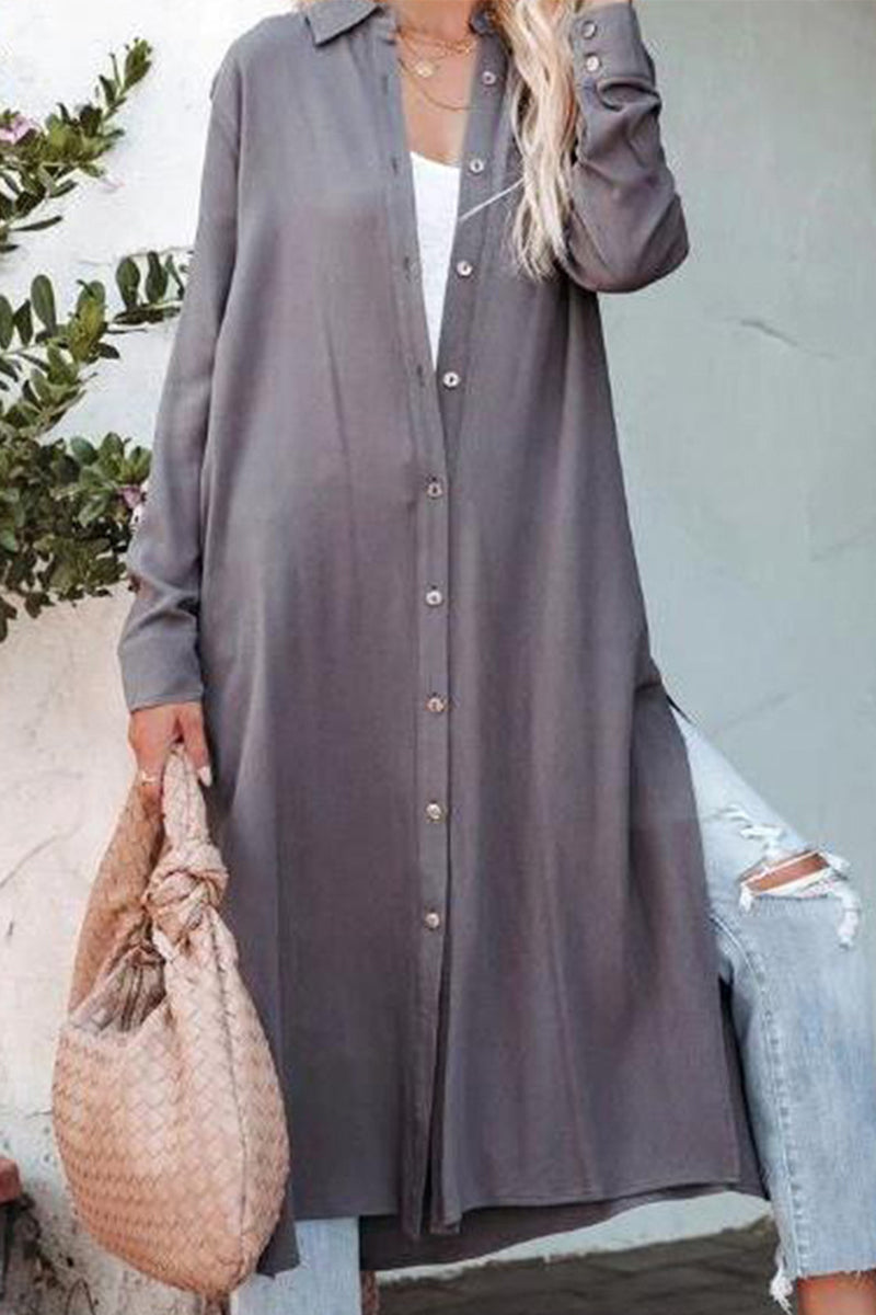 Kaynafashions - Casual Solid Buckle Turndown Collar Shirt Dress Dresses