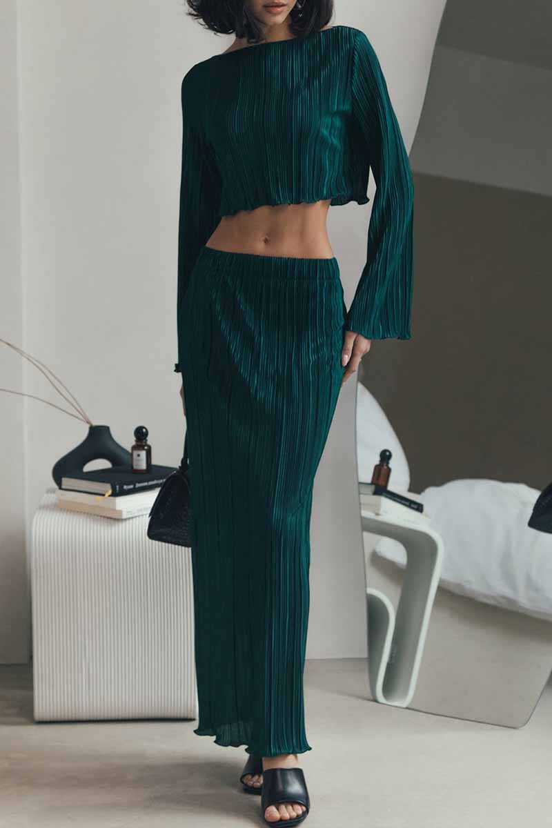 Kaynafashions - Casual Solid Stringy Selvedge O Neck Long Sleeve Two Pieces