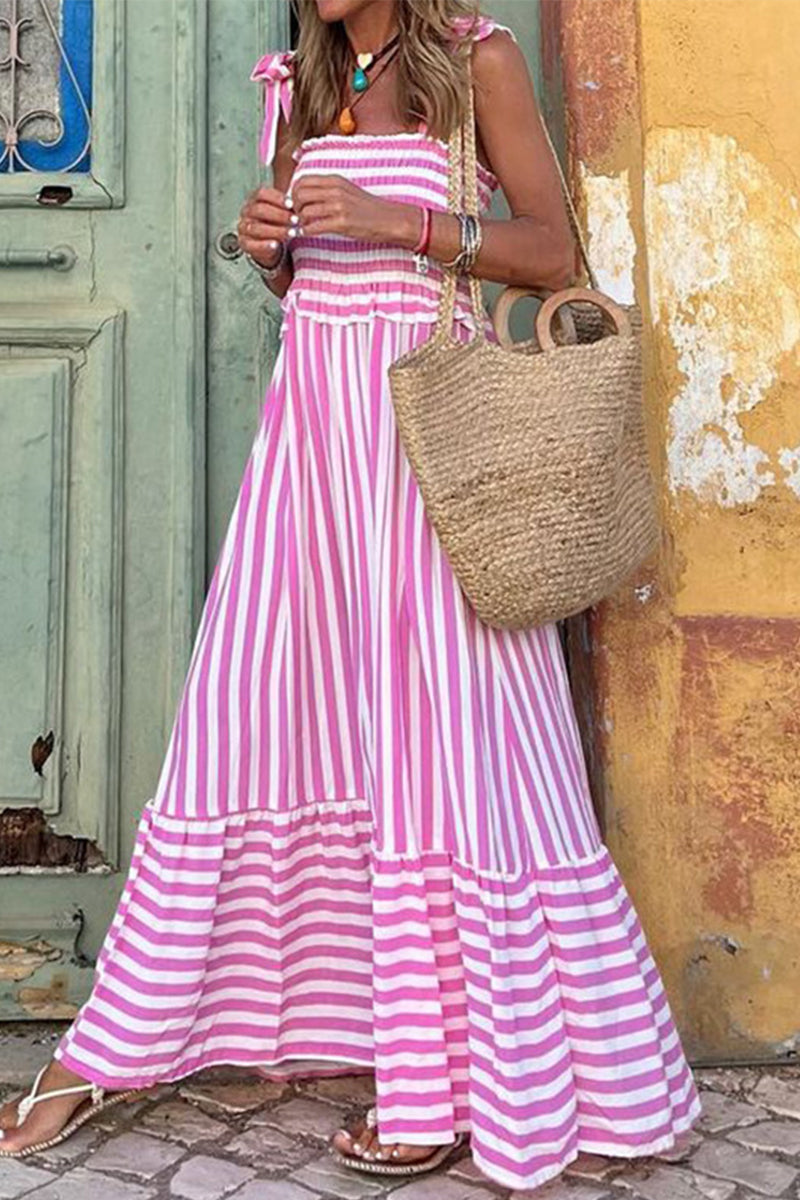 Kaynafashions - Casual Striped Patchwork Square Collar Sling Dress Dresses