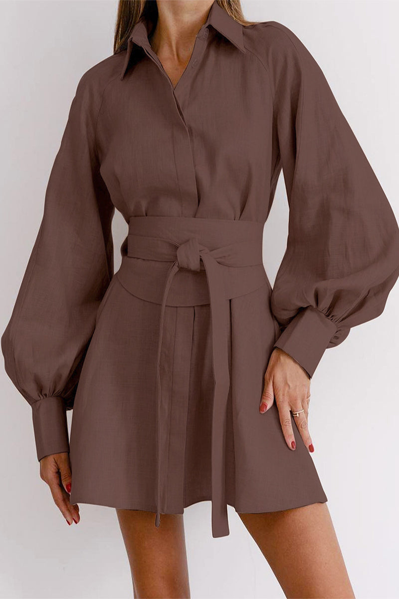 Kaynafashions - Work Elegant Solid Bandage Turndown Collar Waist Skirt Dresses