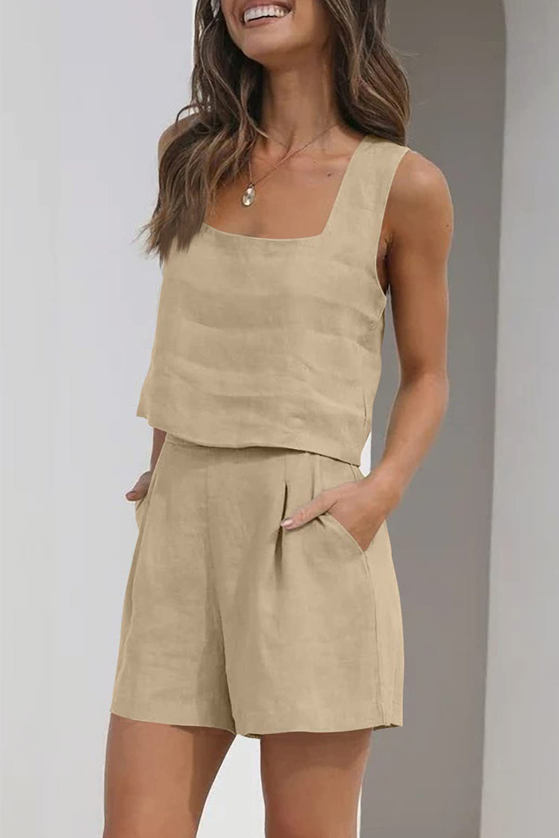 Kaynafashions - Casual Simplicity Solid Pocket Square Collar Sleeveless Two Pieces(16 Colors)