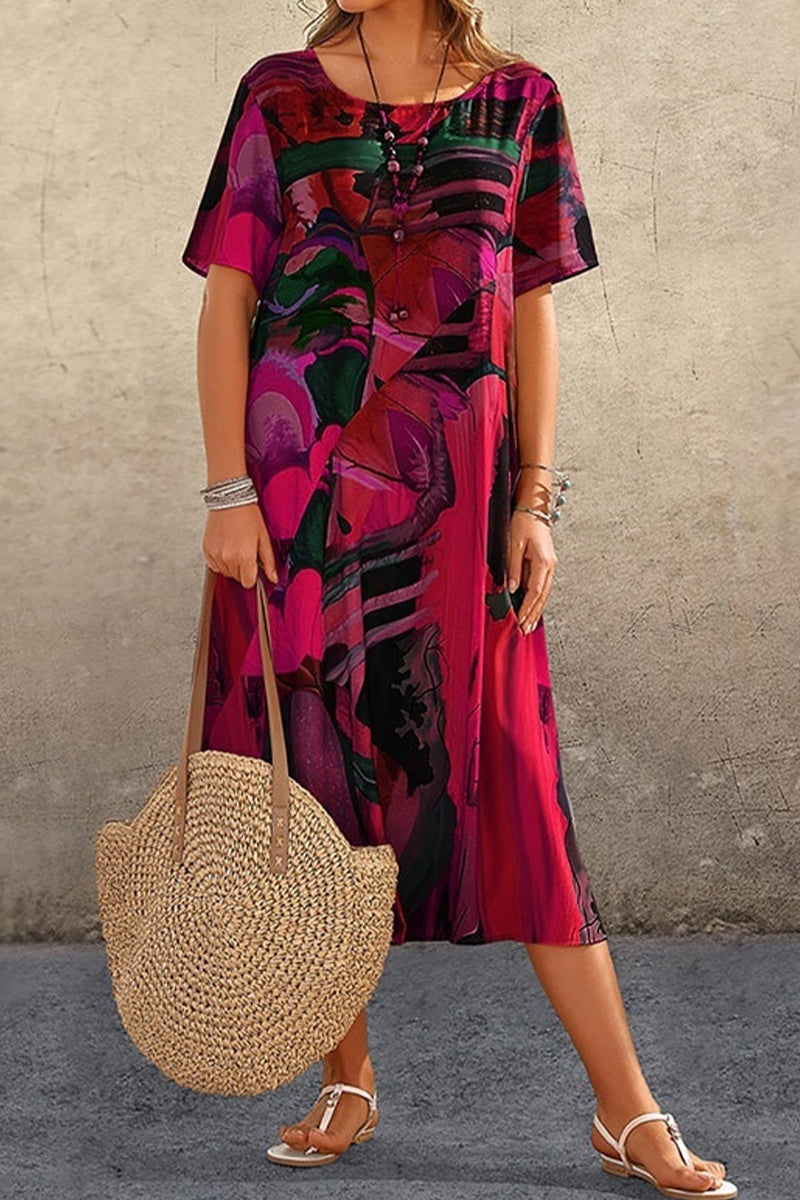 Kaynafashions - Casual College Print Patchwork O Neck Printed Dress Dresses(5 Colors)