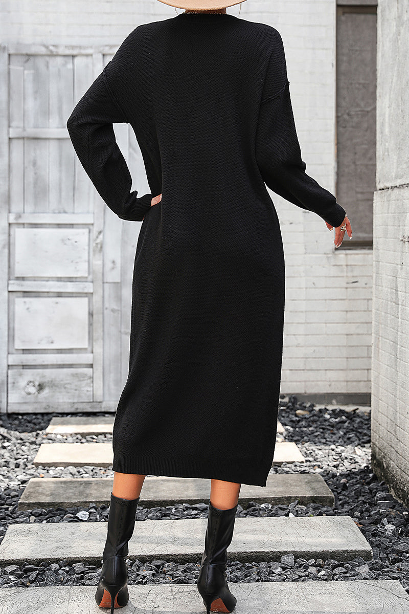 Kaynafashions - Elegant Solid Buckle O Neck Long Sleeve Dresses