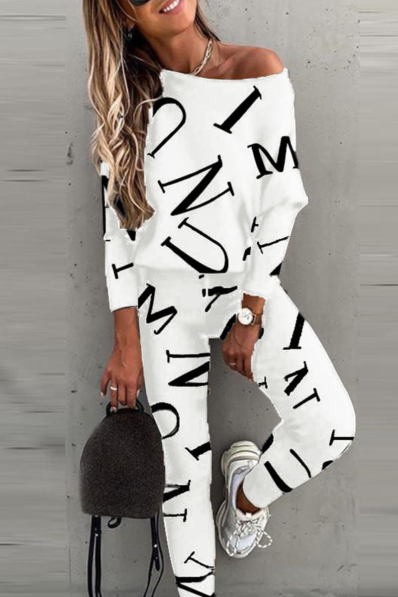Kaynafashions - Fashion Casual Letter Oblique Collar Long Sleeve Two Pieces