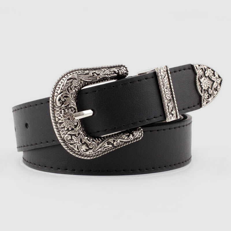 Kaynafashions - Wisherryy Western Vintage Carved Buckle Basic Belt