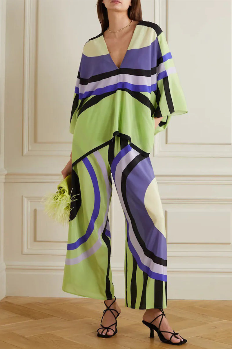 Kaynafashions - Casual British Style Geometric Print Patchwork V Neck Nine Points Sleeve Two Pieces