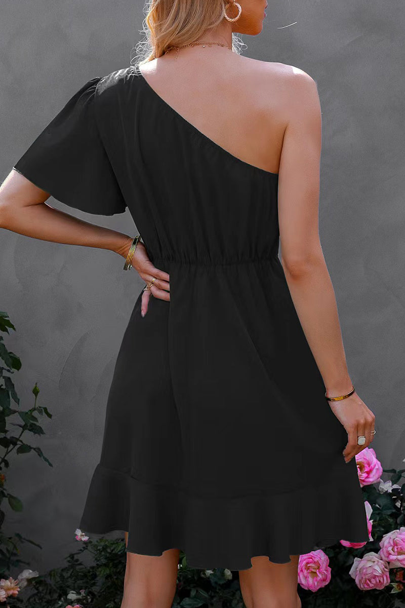Kaynafashions - Street Simplicity Solid Flounce Oblique Collar Irregular Dress Dresses