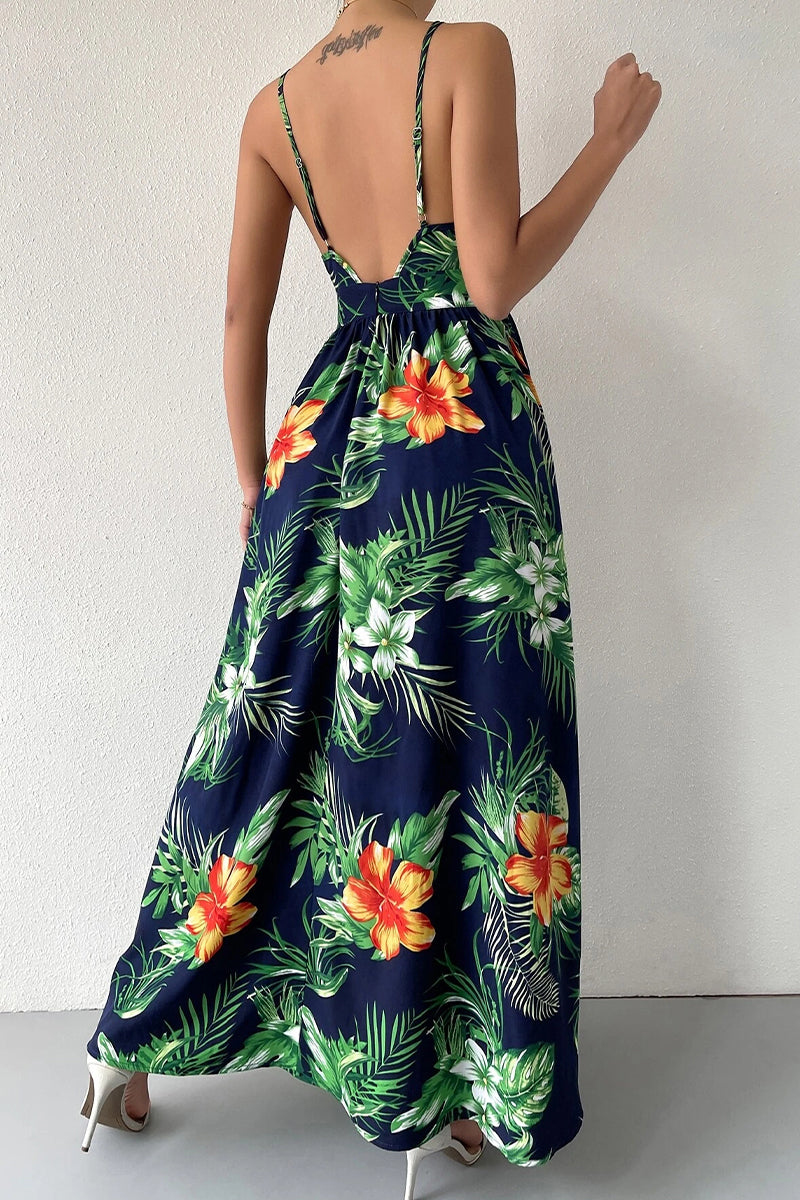 Kaynafashions - Elegant Floral Draw String V Neck Sling Dress Dresses(6 Colors)