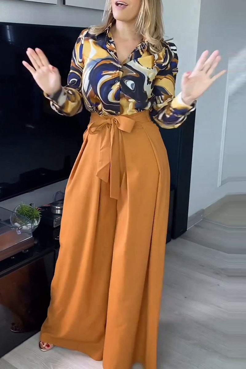 Kaynafashions - Elegant Floral Bandage Turndown Collar Long Sleeve Two Pieces