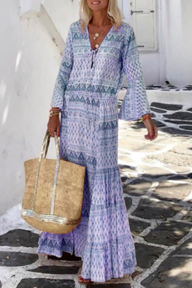 Kaynafashions - Casual Print Patchwork V Neck Cake Skirt Dresses(5 Colors)