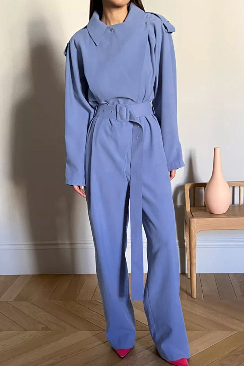 Kaynafashions - Work Solid Frenulum Turn-back Collar Regular Jumpsuits