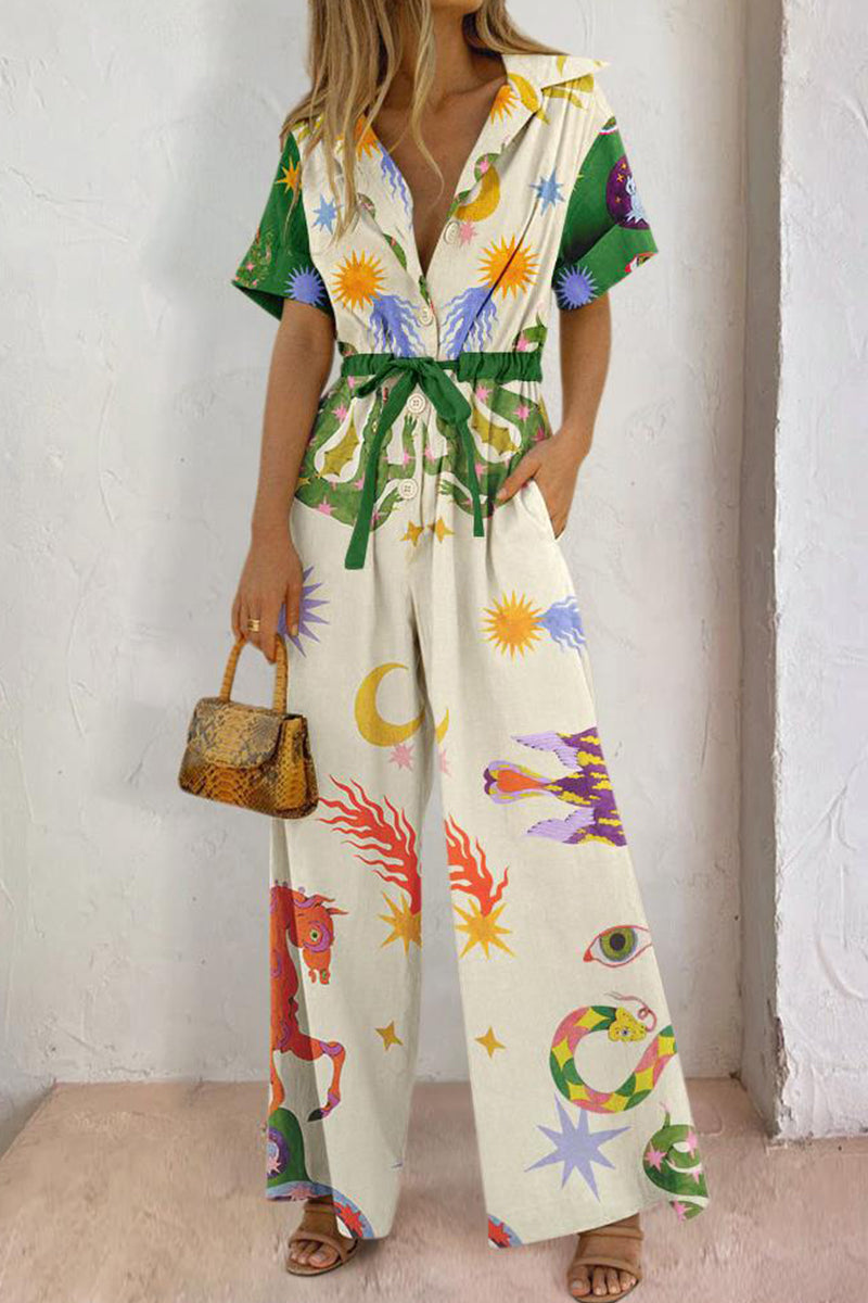 Kaynafashions - Casual Print Pocket Turndown Collar Loose Jumpsuits
