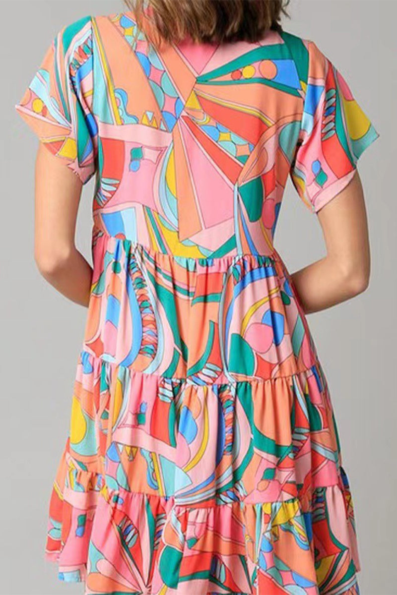 Kaynafashions - Bohemian Geometric Print V Neck A Line Dresses