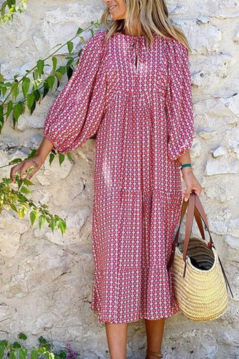 Kaynafashions - Sweet Elegant Print Floun)ce Printing O Neck Printed Dress Dresses(9 Colors)