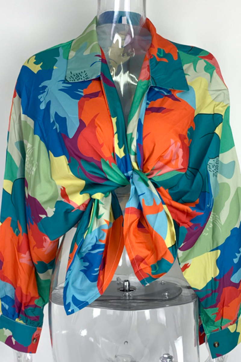 Kaynafashions - Casual Print Patchwork Turndown Collar Blouses(4 Colors)