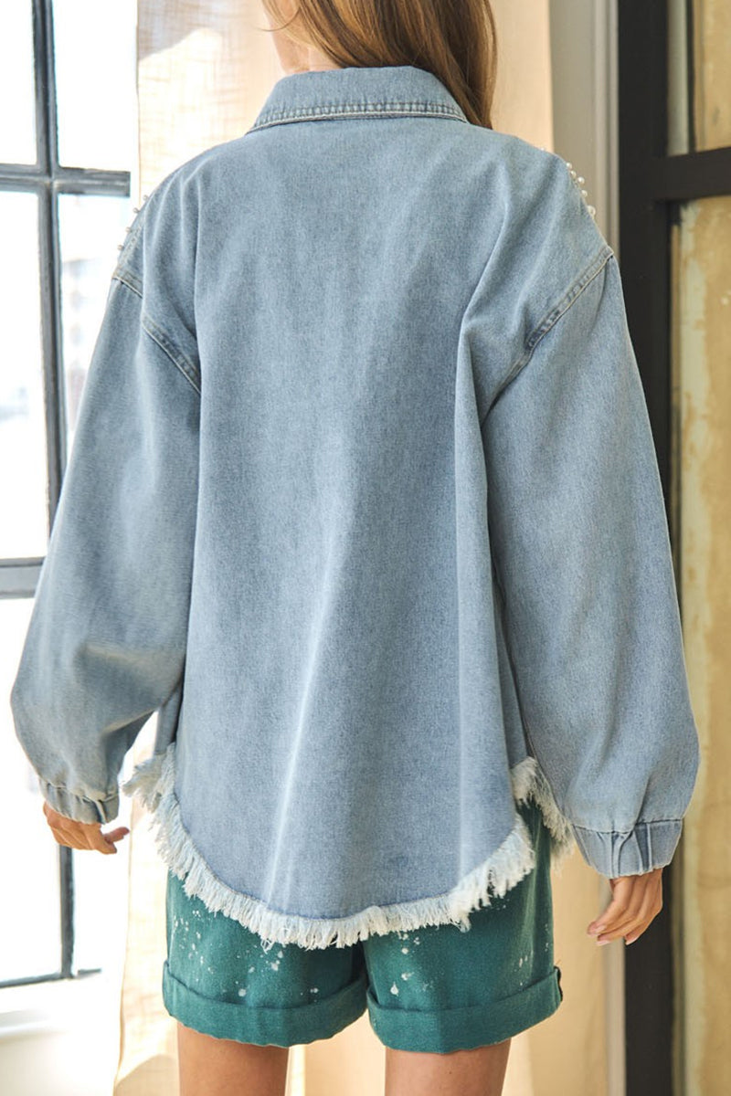 Kaynafashions - Street Patchwork Tassel Beading Turndown Collar Long Sleeve Loose Denim Jacket