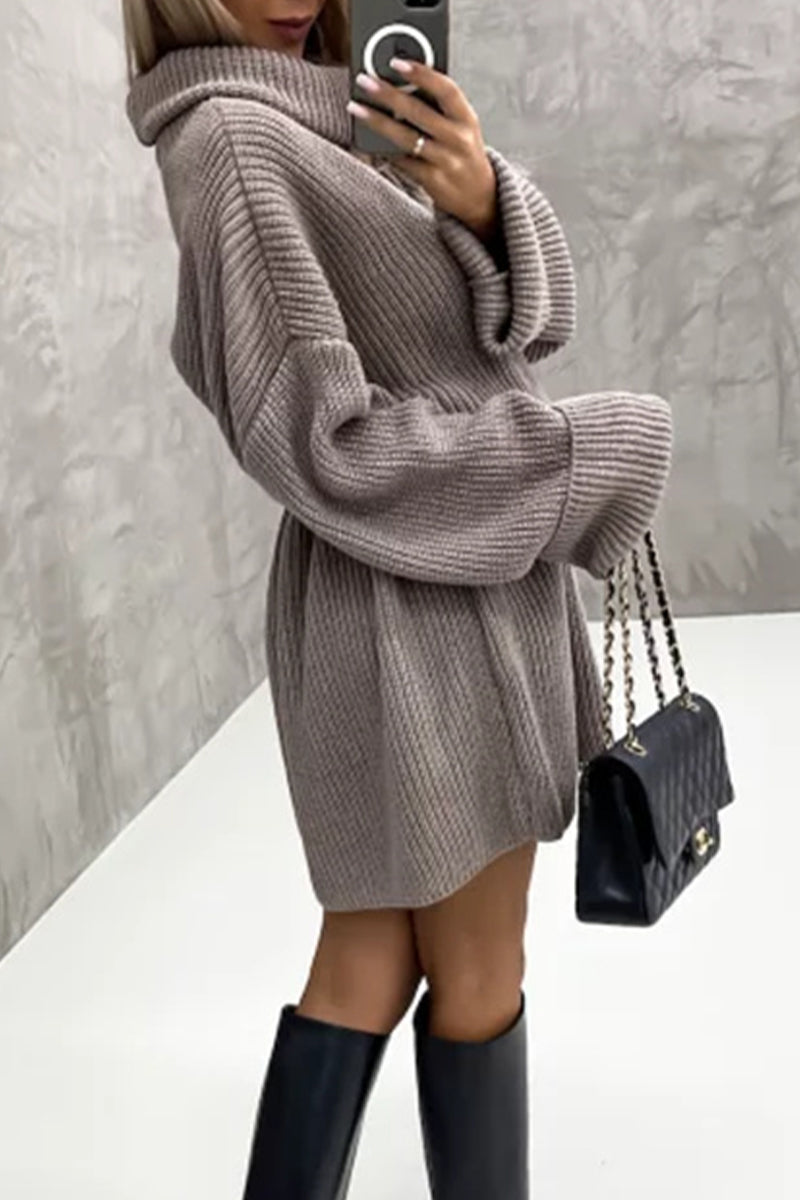 Kaynafashions - Elegant Solid Patchwork Turtleneck One Step Skirt Dresses
