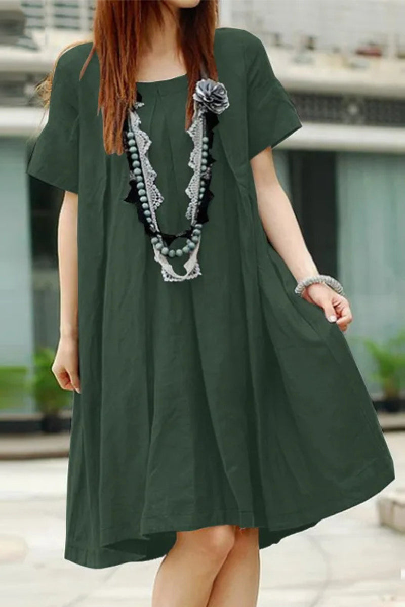 Kaynafashions - Casual Solid Fold O Neck A Line Short Sleeve Dress