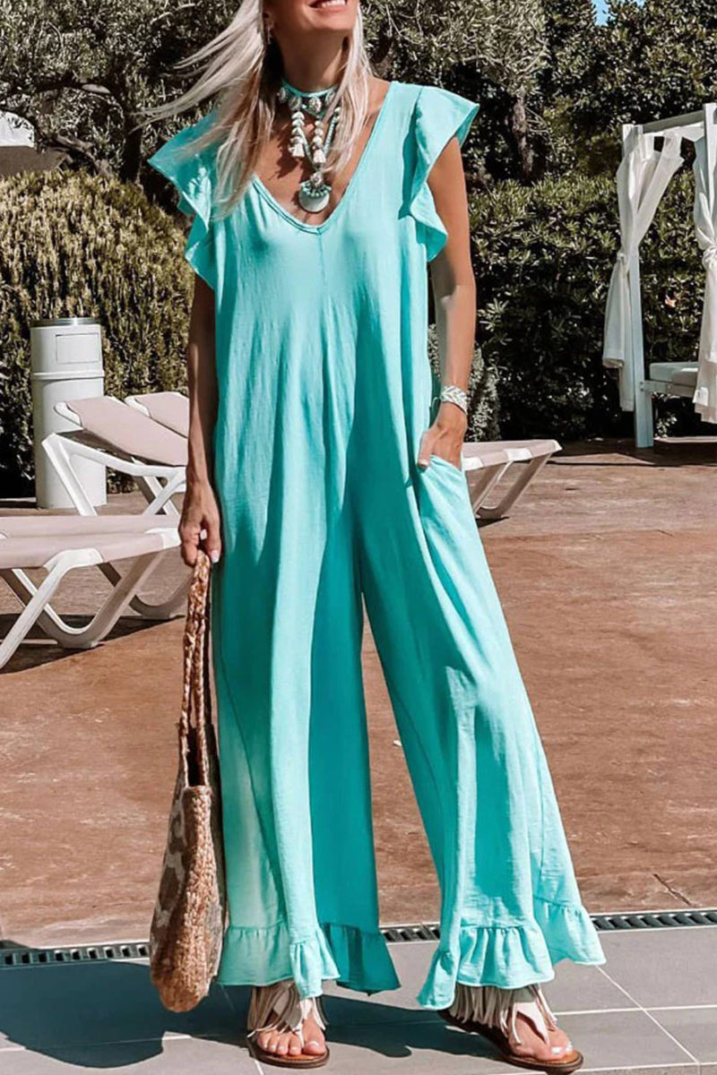 Kaynafashions - Casual Solid Flounce V Neck Loose Jumpsuits(3 Colors)
