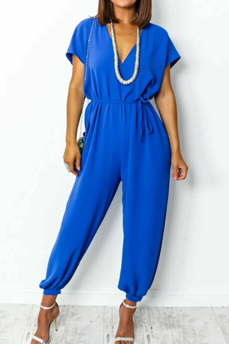Kaynafashions - Casual Simplicity Solid Frenulum V Neck Loose Jumpsuits(11 Colors)