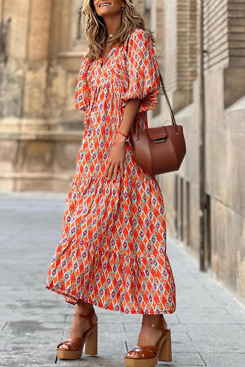 Kaynafashions - Sweet Elegant Print Floun)ce Printing O Neck Printed Dress Dresses(9 Colors)