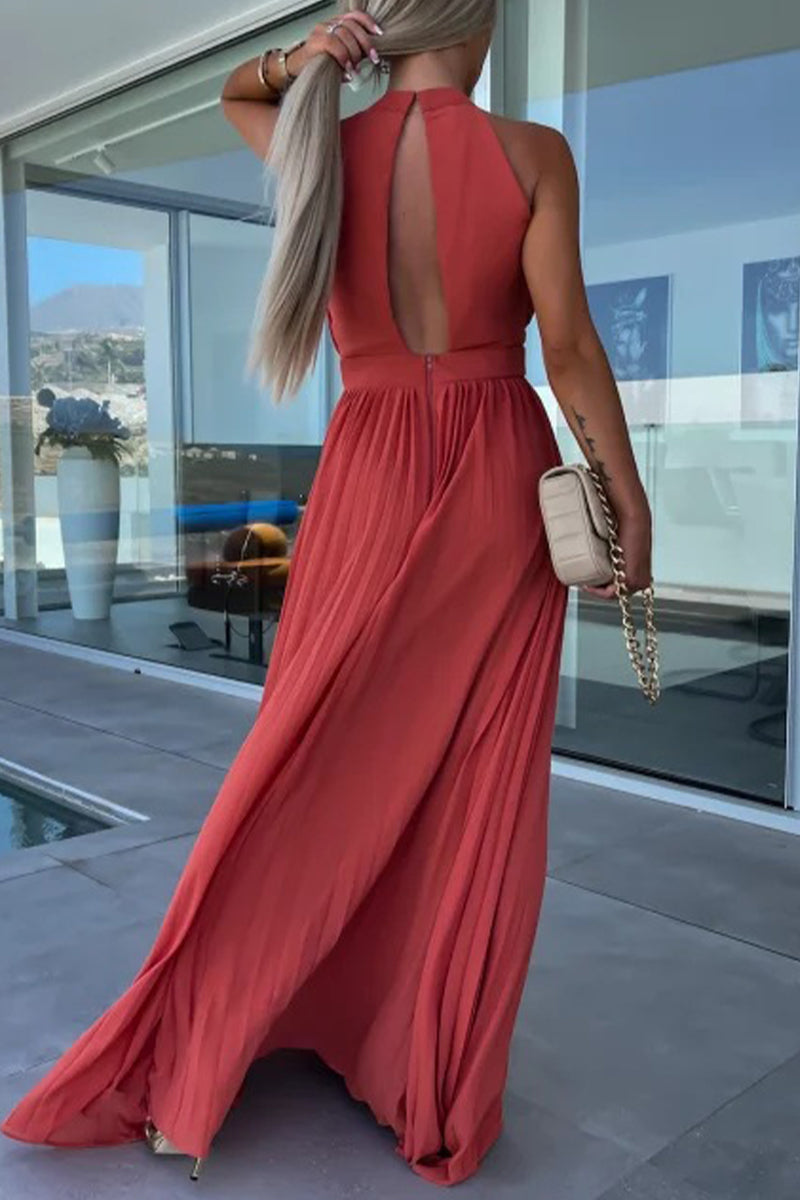 Kaynafashions - Celebrities Elegant Solid Fold Halter Waist Skirt Dresses