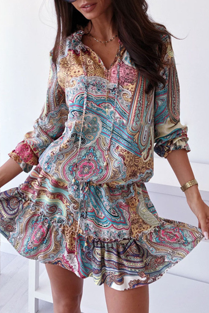 Kaynafashions - Casual Print Flounce V Neck Cake Skirt Dresses(3 colors)