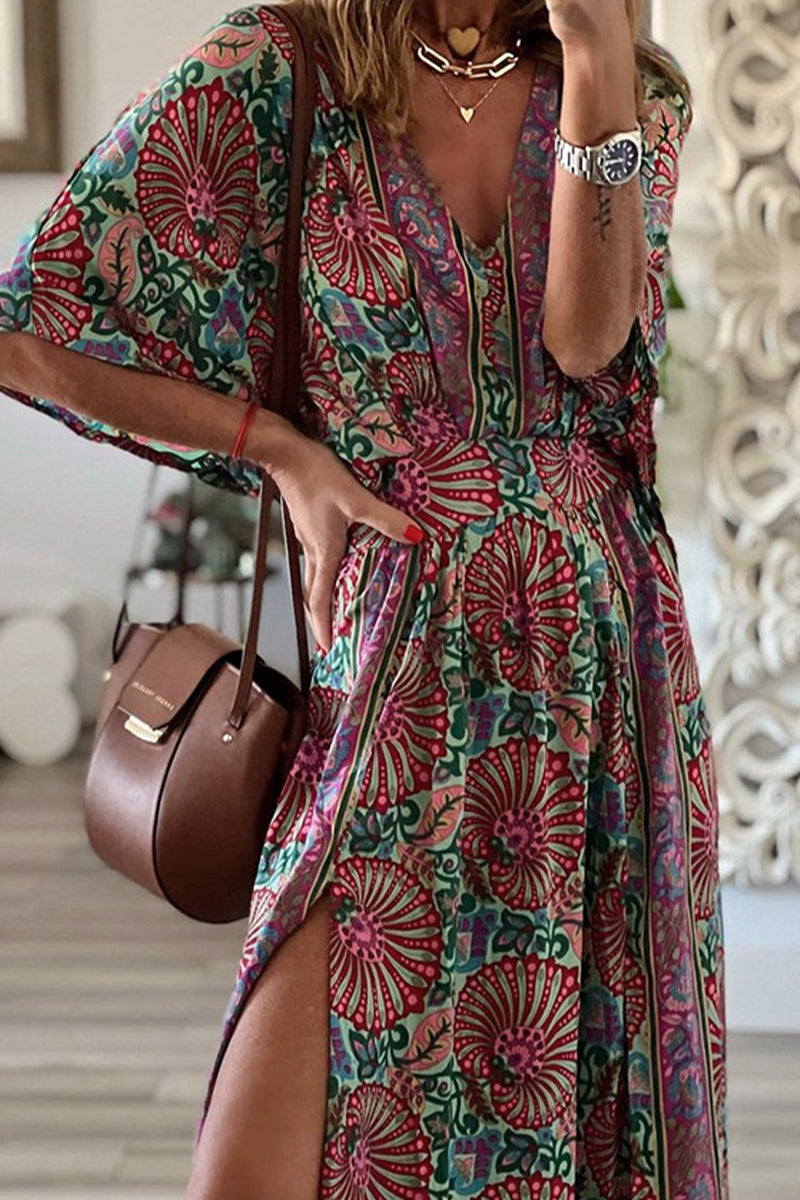 Kaynafashions - College Floral Slit V Neck Printed Dress Dresses