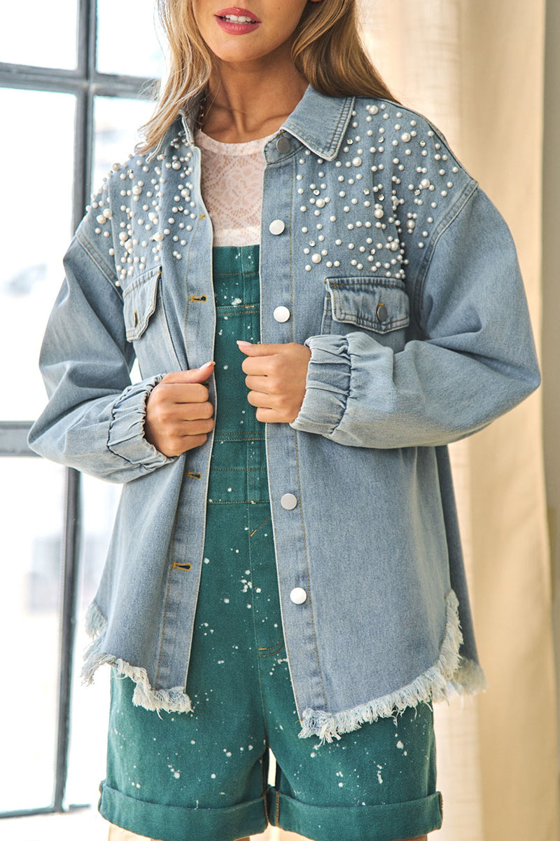 Kaynafashions - Street Patchwork Tassel Beading Turndown Collar Long Sleeve Loose Denim Jacket