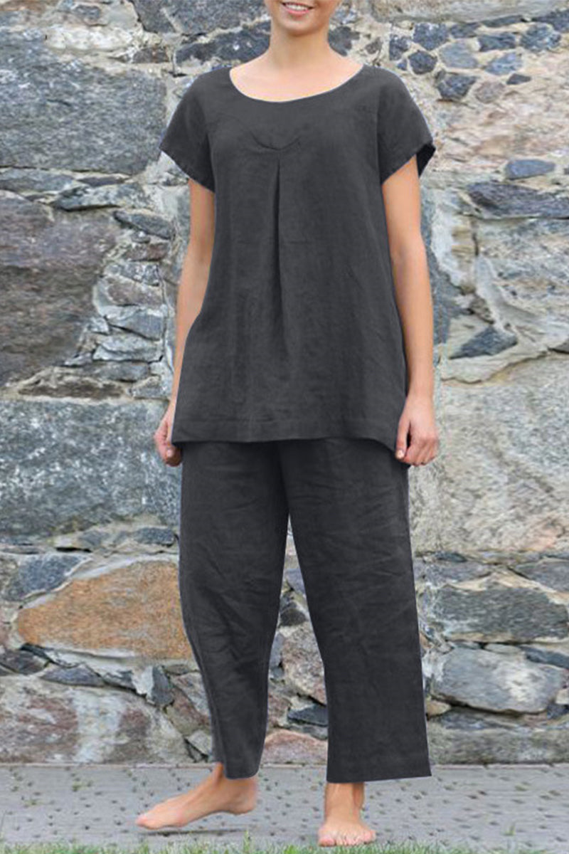 Kaynafashions - Casual Simplicity Solid Solid Color O Neck Short Sleeve Two Pieces