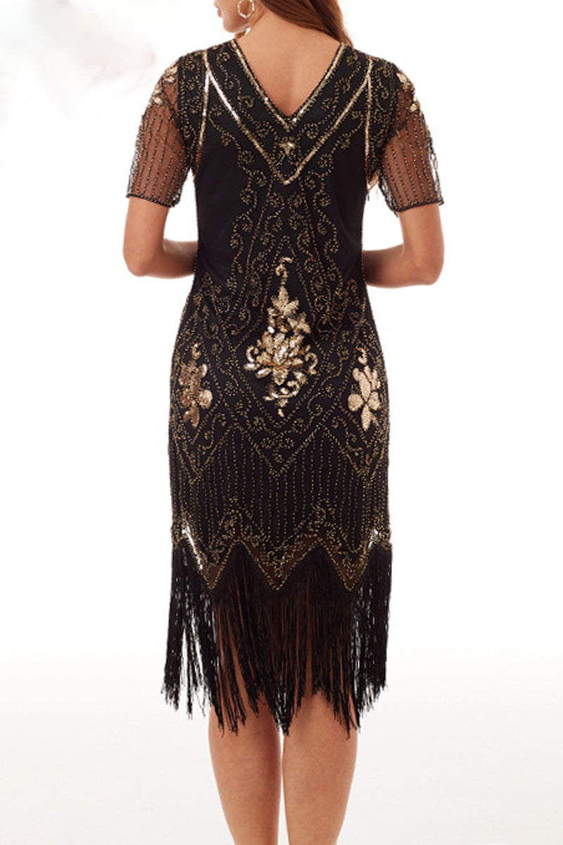 Kaynafashions - Sexy Party Patchwork Tassel Sequins V Neck A Line Dresses(4 Colors)