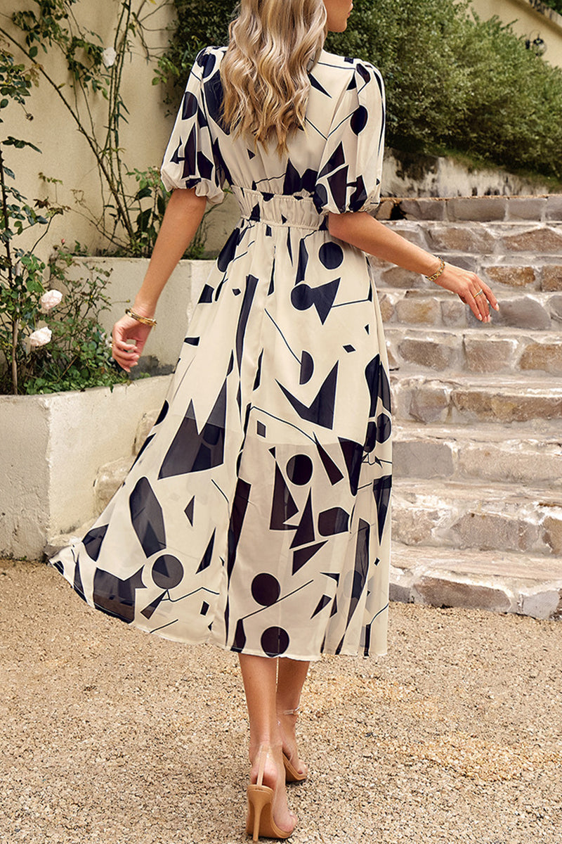 Kaynafashions - Elegant Print Patchwork V Neck A Line Dresses