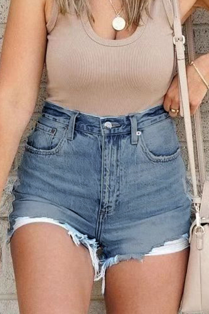 Kaynafashions - Casual Street Solid Ripped High Waist Denim Shorts