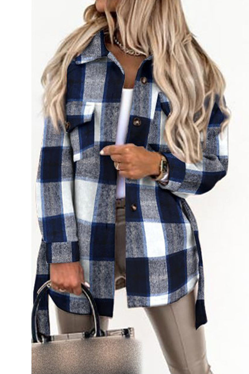 Kaynafashions - Street Plaid Buckle With Belt Turndown Collar Outerwear(5 Colors)