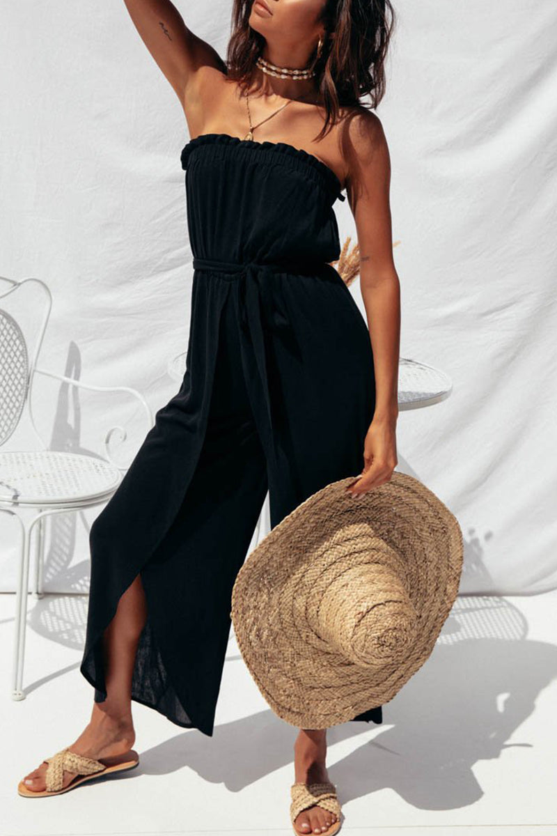 Kaynafashions - Sexy Casual Solid Frenulum Strapless Loose Jumpsuits