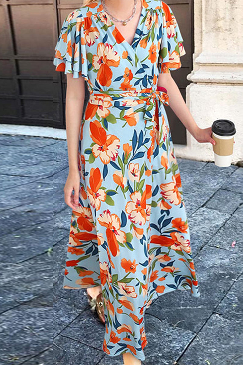Kaynafashions - Elegant Floral Frenulum V Neck A Line Dresses