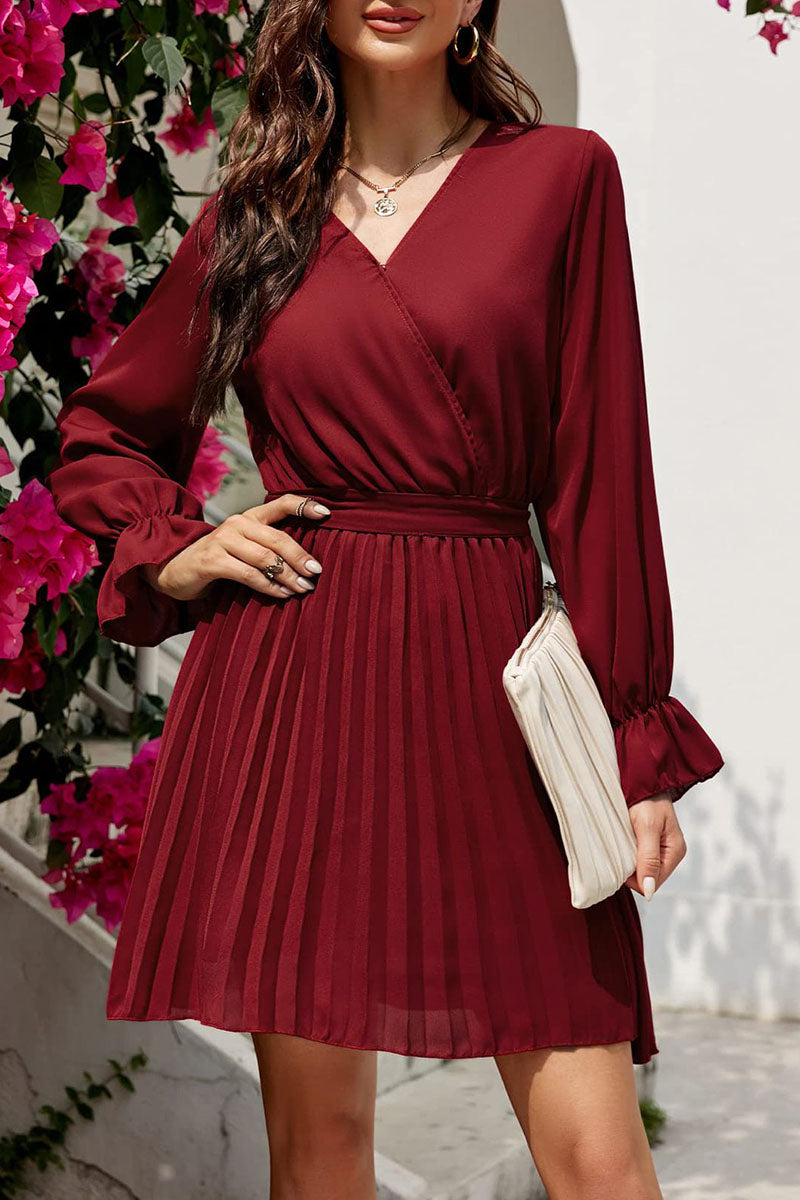 Kaynafashions - Sweet Patchwork Frenulum Fold V Neck Pleated Dresses(5 Colors)