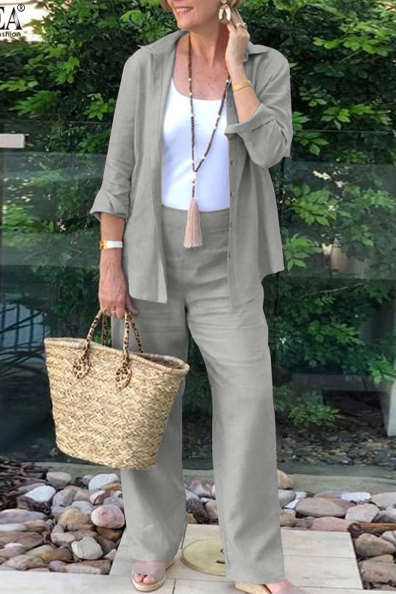 Kaynafashions - Casual Daily Solid Turndown Collar Long Sleeve Two Pieces