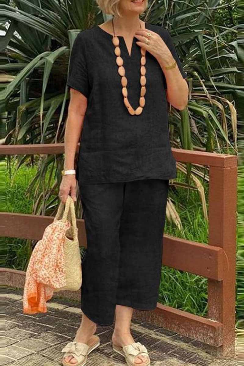 Kaynafashions - Casual Solid V Neck Short Sleeve Two Pieces(3 Colors)