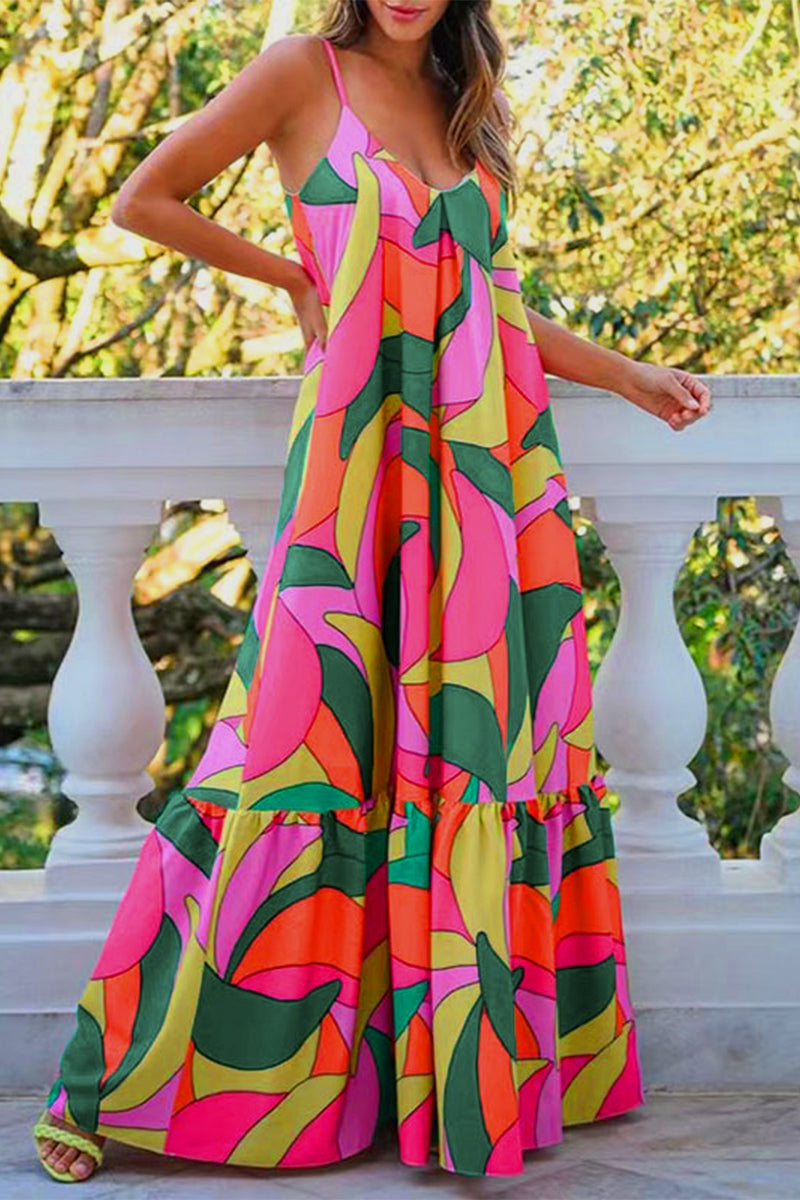 Kaynafashions - Sexy Geometric Print Backless V Neck Sling Dress Dresses
