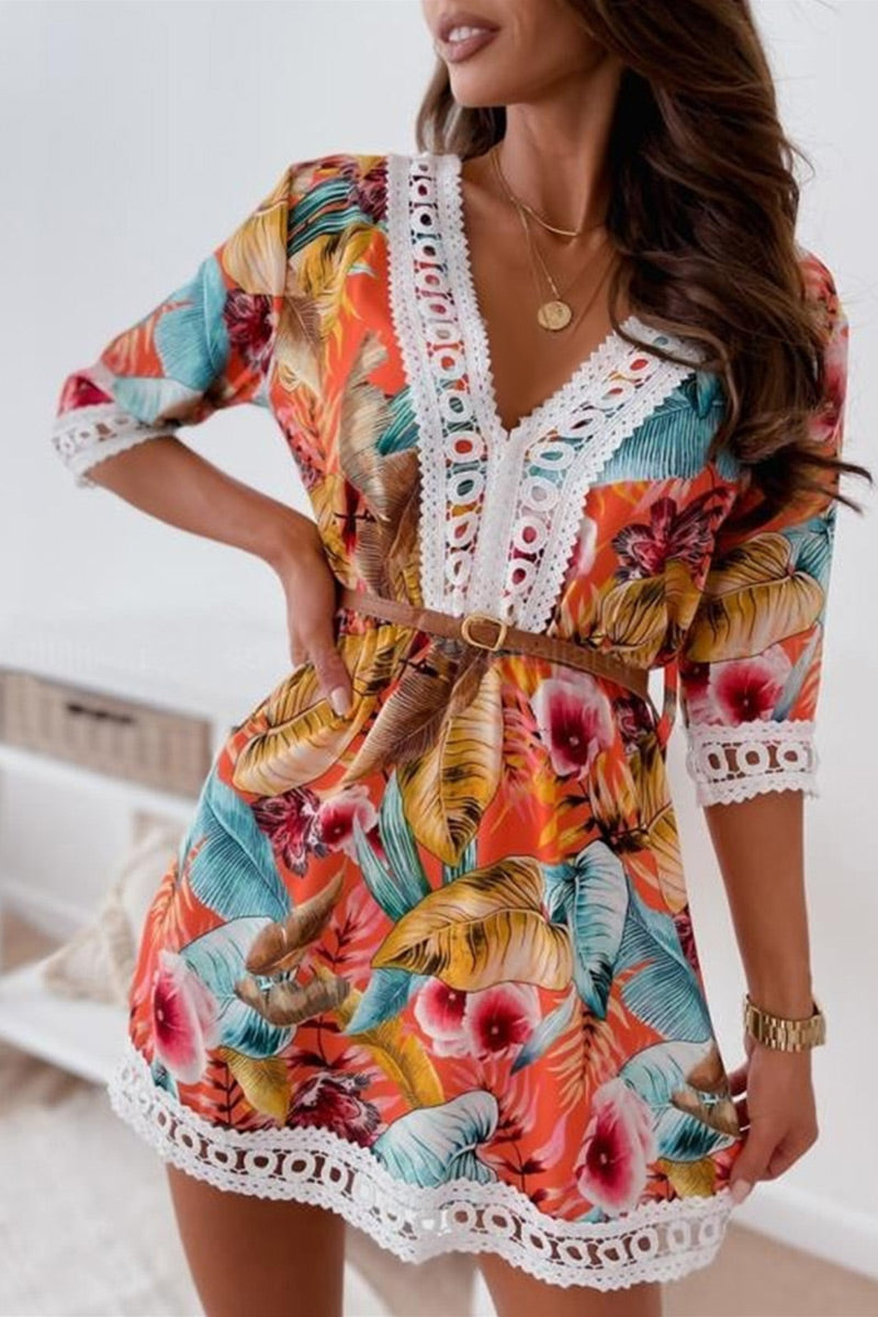 Kaynafashions - Fashion Sweet Print Patchwork V Neck A Line Dresses