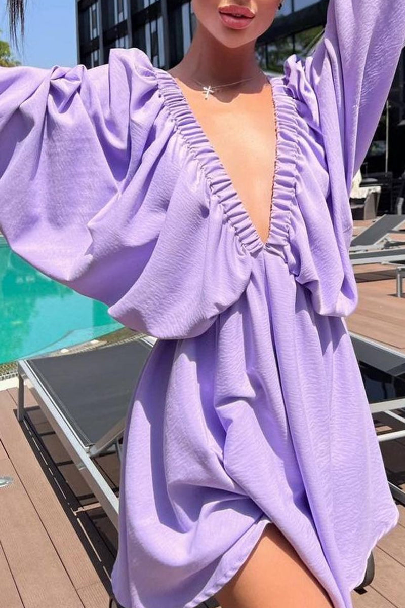 Kaynafashions - Sexy Simplicity Solid Flounce Fold V Neck Long Sleeve Dresses