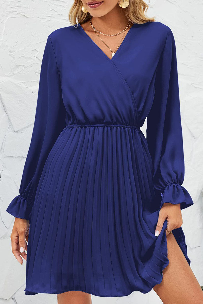 Kaynafashions - Sweet Patchwork Frenulum Fold V Neck Pleated Dresses(5 Colors)